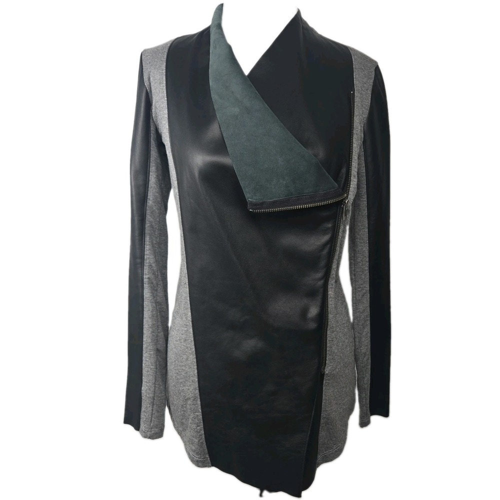 Michael Stars Gray Jersey Black 100% Leather‎ Zippered Moto Jacket Women's XS